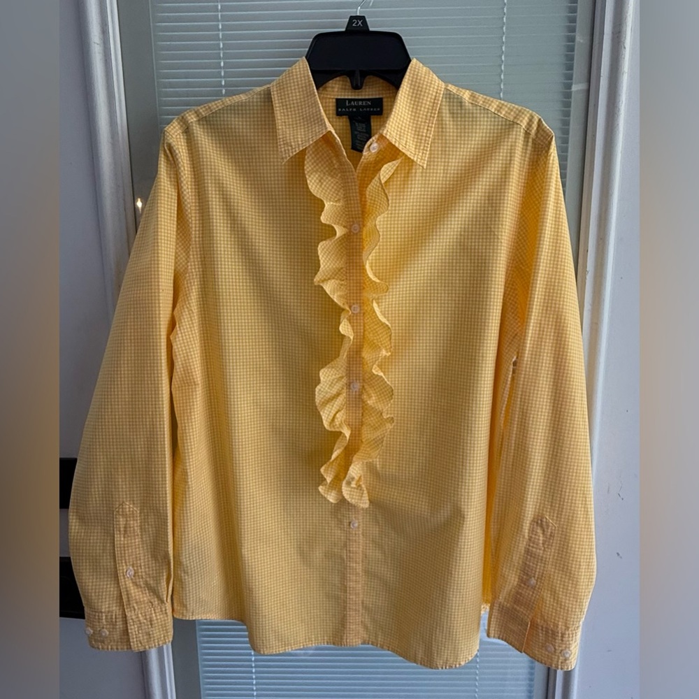 Lauren Ralph Lauren Bright Golden Yellow Check Gingham Ruffle Placket Shirt Lg